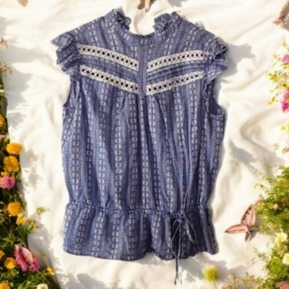 New York & Company Blue Ruffle Keyhole Blouse with Lace Accents Size XL - Picture 1 of 14